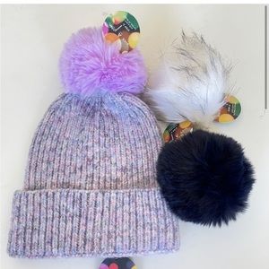 Anthropologie Pick A Pom Beanie Stocking Hat Purple Set 3 Poms Blue white Gift